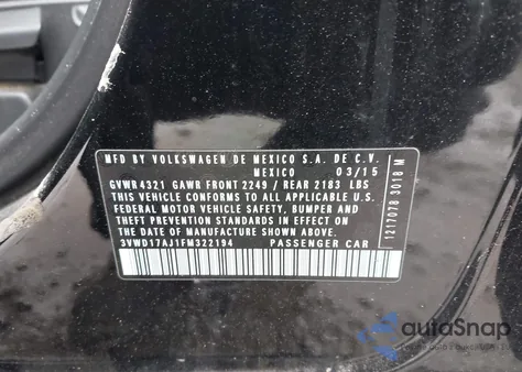 2015 Volkswagen Jetta 1.8T Se из США, поврежденный, VIN 3VWD17AJ1FM322194